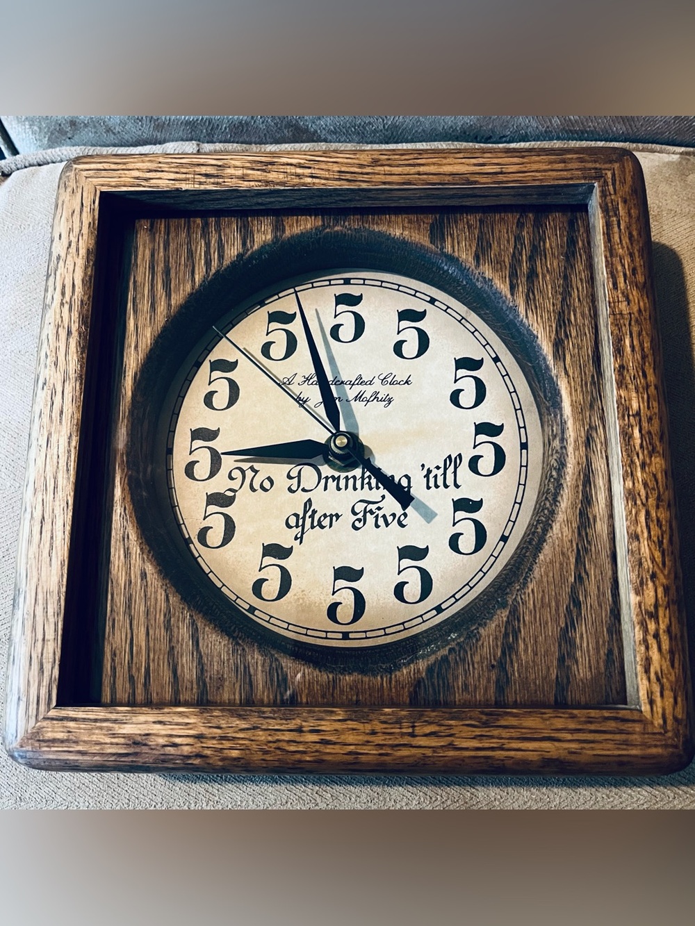 Vintage Jim Mofhitz Oak Wood Clock "No Drinking 'Till After Five"